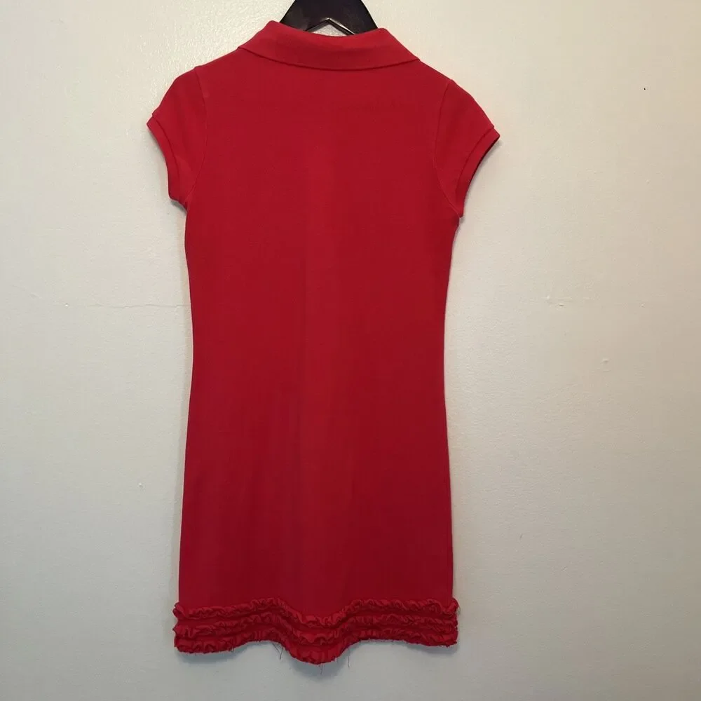 RALPH LAUREN Cotton Mesh Ruffle Hem Polo Pony Dress, Red- Size L (12/14)